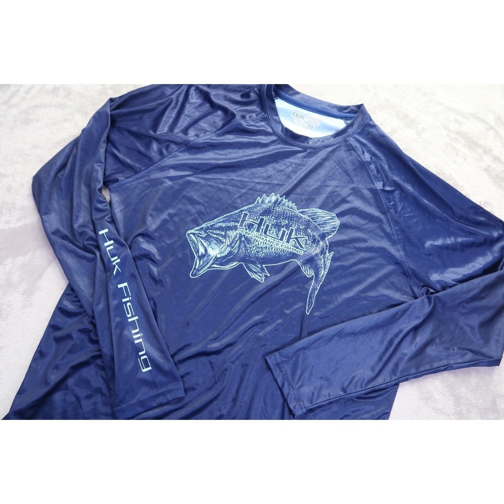 Huk Performance Large Mouth Bass Blue Fishing Tournament Jersey Shir M